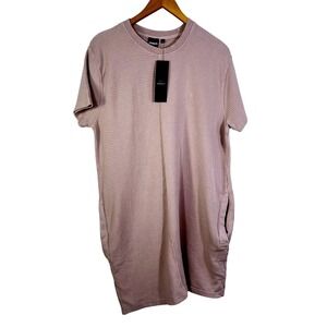 Mono B Dress Women's Sz L Dusty Pink Ribbed Pockets Short Sleeve 100% Cotton